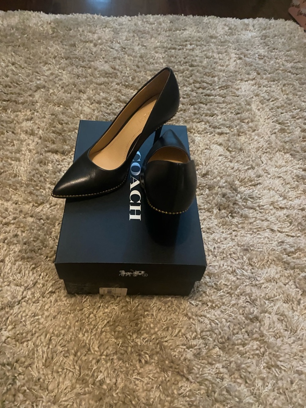 Coach Waverly 85 BChain Black Pointed Toe Leather Heels with Gold Stud Trim - Picture 7 of 10